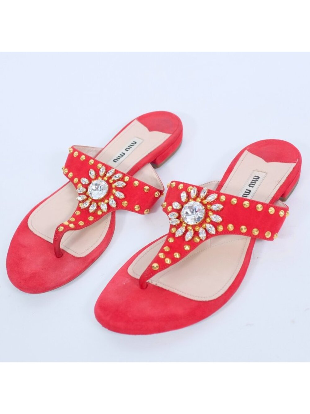 MIU MIU by PRADA thong sandals shoes 35 US 5 red suede crystal gold studded